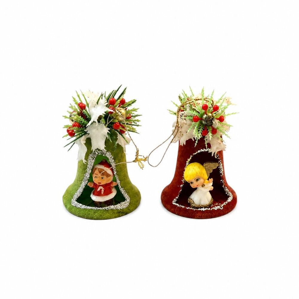 Vintage Hong Kong Flocked Bell Christmas Ornaments Angel Child Diorama Pair 60s